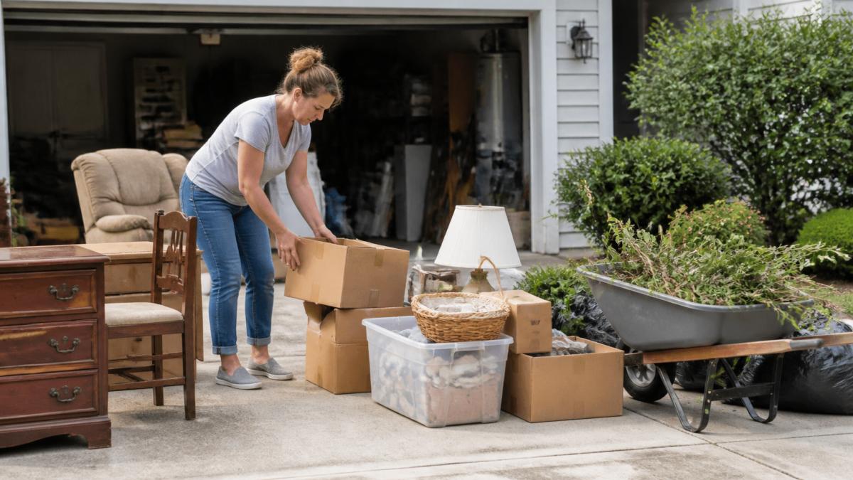 A homeowner in casual clothes sorting household items into piles on a driveway in front of an open garage, with clearly separated stacks of furniture, boxes, and yard debris ready for a hauling crew