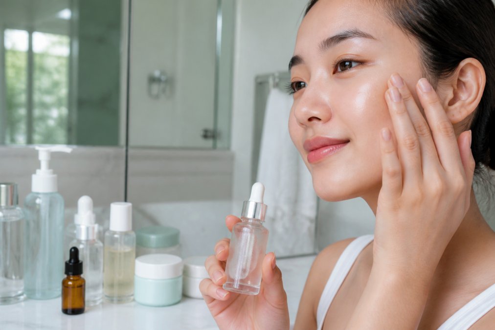 Step-by-step infographic showing the layered application of skincare products on glowing skin for a daily routine.