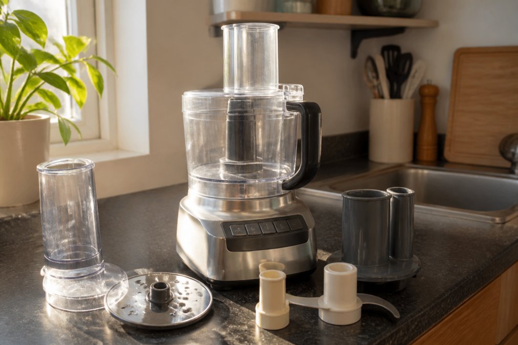 Refurbished food processor with blades on a sunny small apartment countertop among affordable kitchen appliances