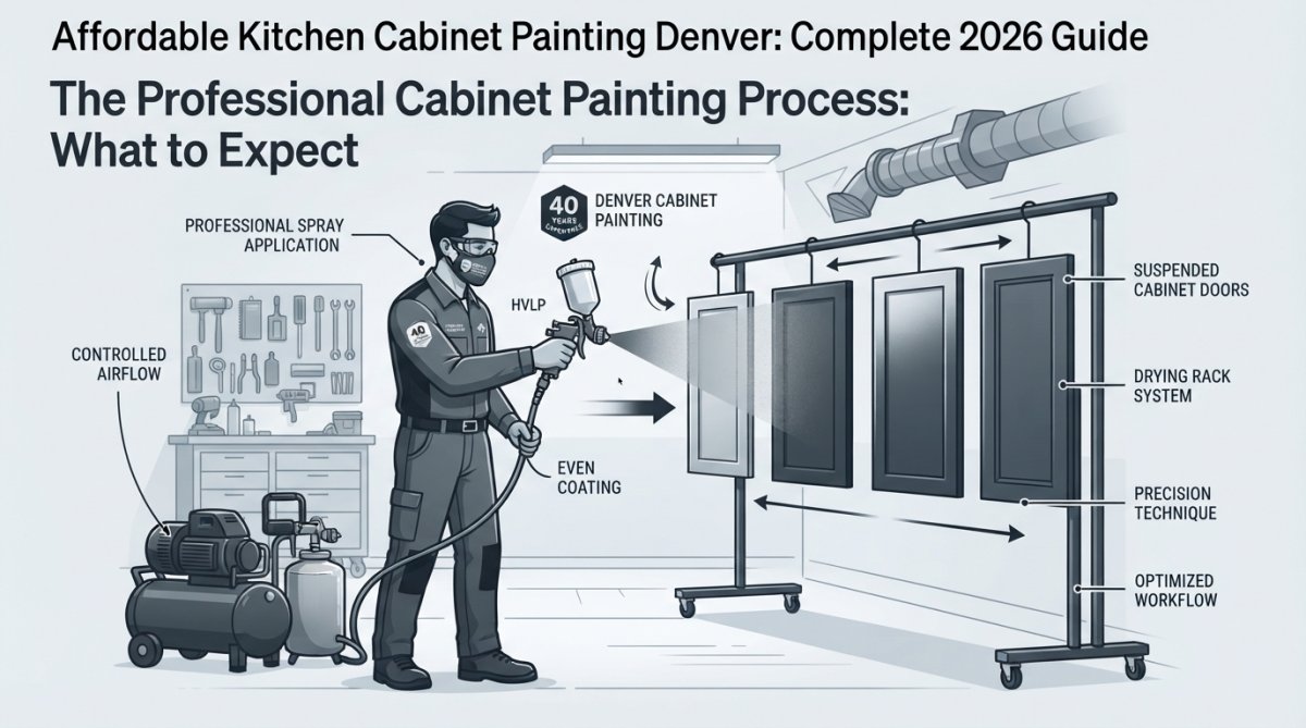 Professional painter spray-applying finish to cabinet doors in a workshop setting, showing proper spray technique with even coverage and professional equipment