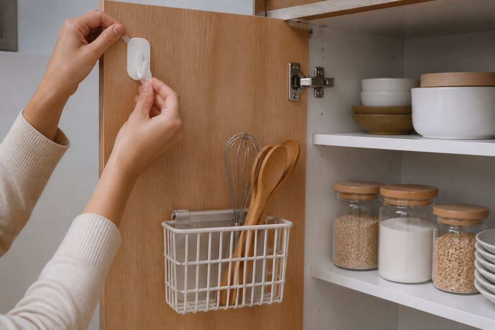 A person attaching an adhesive hook to a cabinet door for smart cabinet storage hacks in a rental kitchen.