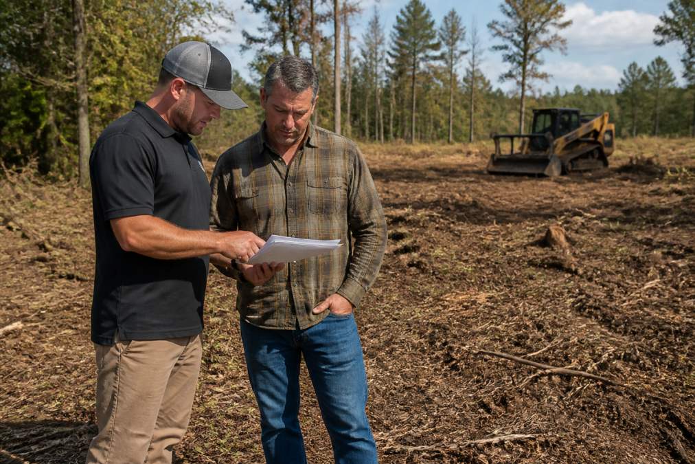 Property owner reviewing a detailed land clearing estimate document with a professional contractor at the site, both standing near cleared vegetation with a partially cleared property visible in the background