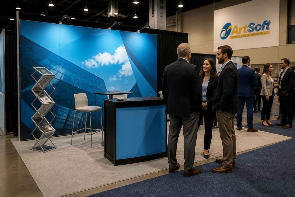 Business professionals networking in a trade show booth featuring a large custom vinyl banner and modular displays.