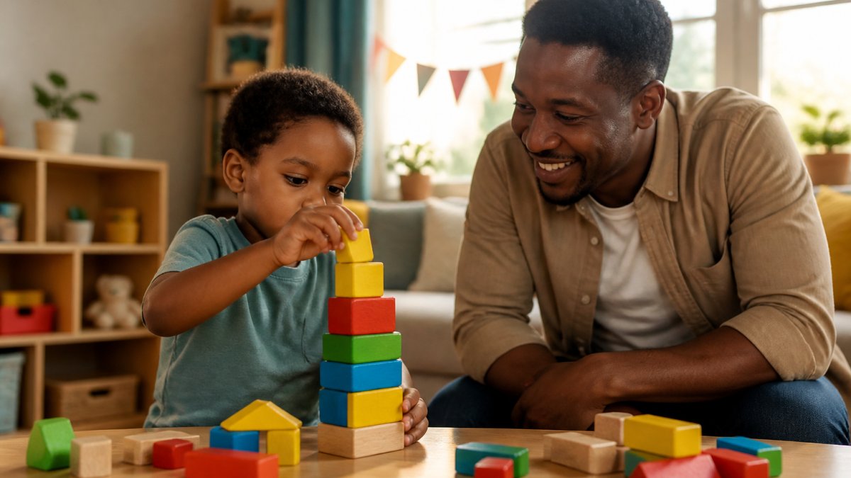 A young preschooler sitting at a low wooden table, concentrating intently while stacking colourful wooden blocks, with a parent smiling nearby in a bright, naturally lit playroom with soft morning sunlight streaming through windows