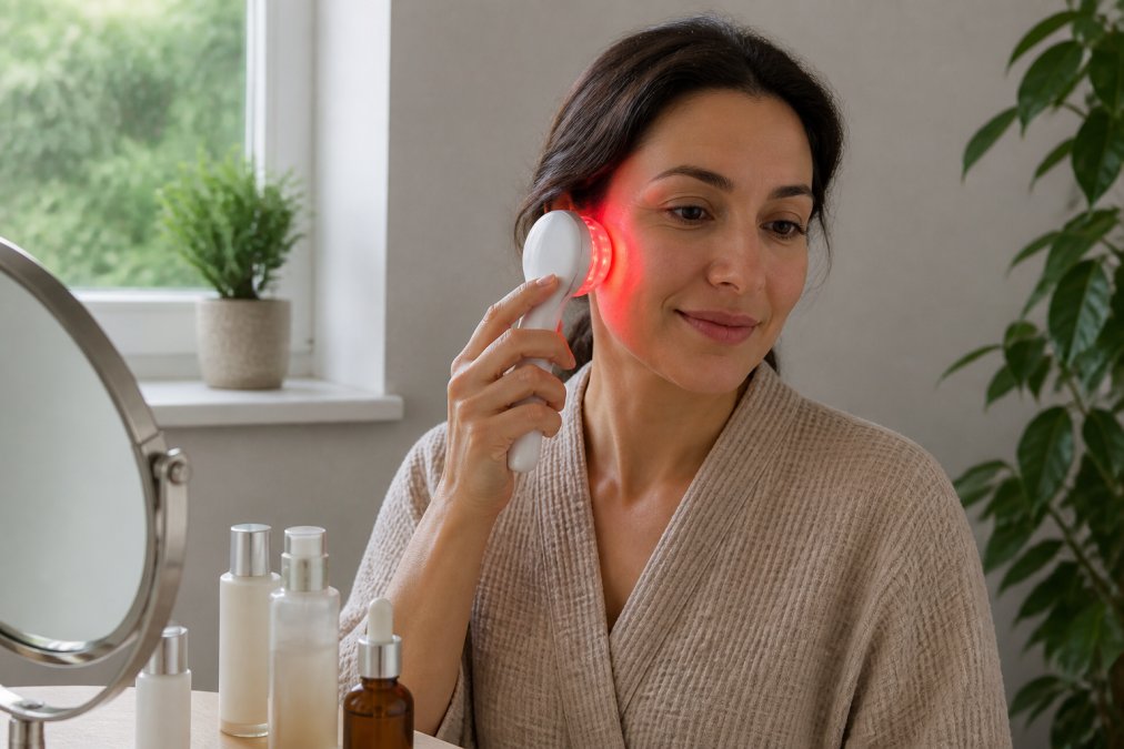 Person using a handheld red light therapy device on their face at home, with skincare products visible on a vanity in soft natural lighting