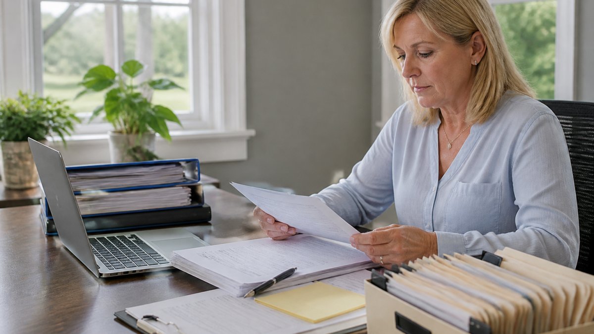 Small business owner reviewing documents for affordable licensing support for small assisted living at a desk.