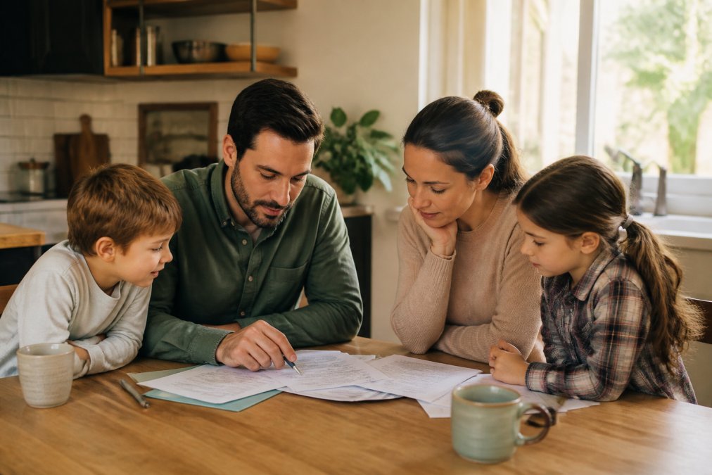 A young family with two children sitting at a kitchen table reviewing financial documents and a laptop, warm natural light, focused and calm atmosphere