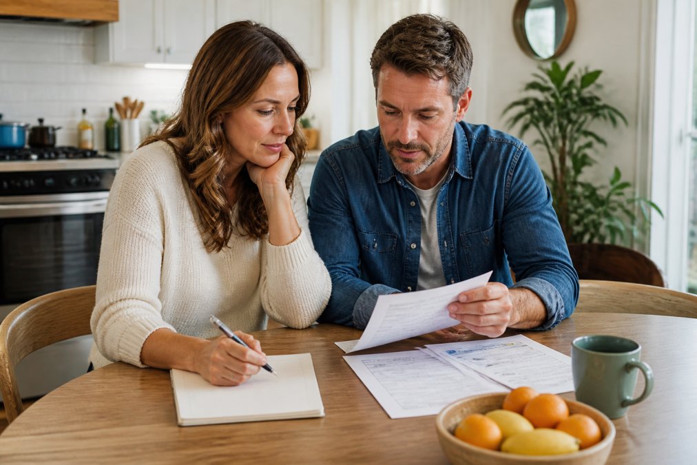 Couple using a laptop and documents to calculate affordable life insurance needs at a kitchen table
