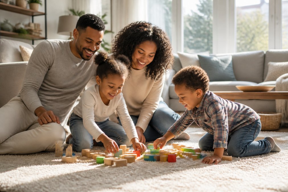 Young family with two children playing together in a bright, modern living room, smiling and relaxed, with natural sunlight streaming through windows