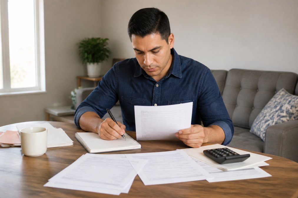 Parent sitting at a desk with a laptop, reviewing life insurance documents and taking notes while planning for the family's financial future, with organized papers and a calculator visible