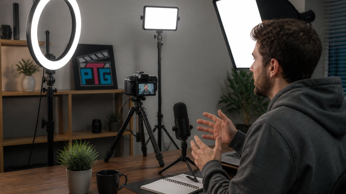 Creator filming YouTube video with multiple LED lights set up in a compact home studio space, showing ring light, panel light, and softbox arrangement