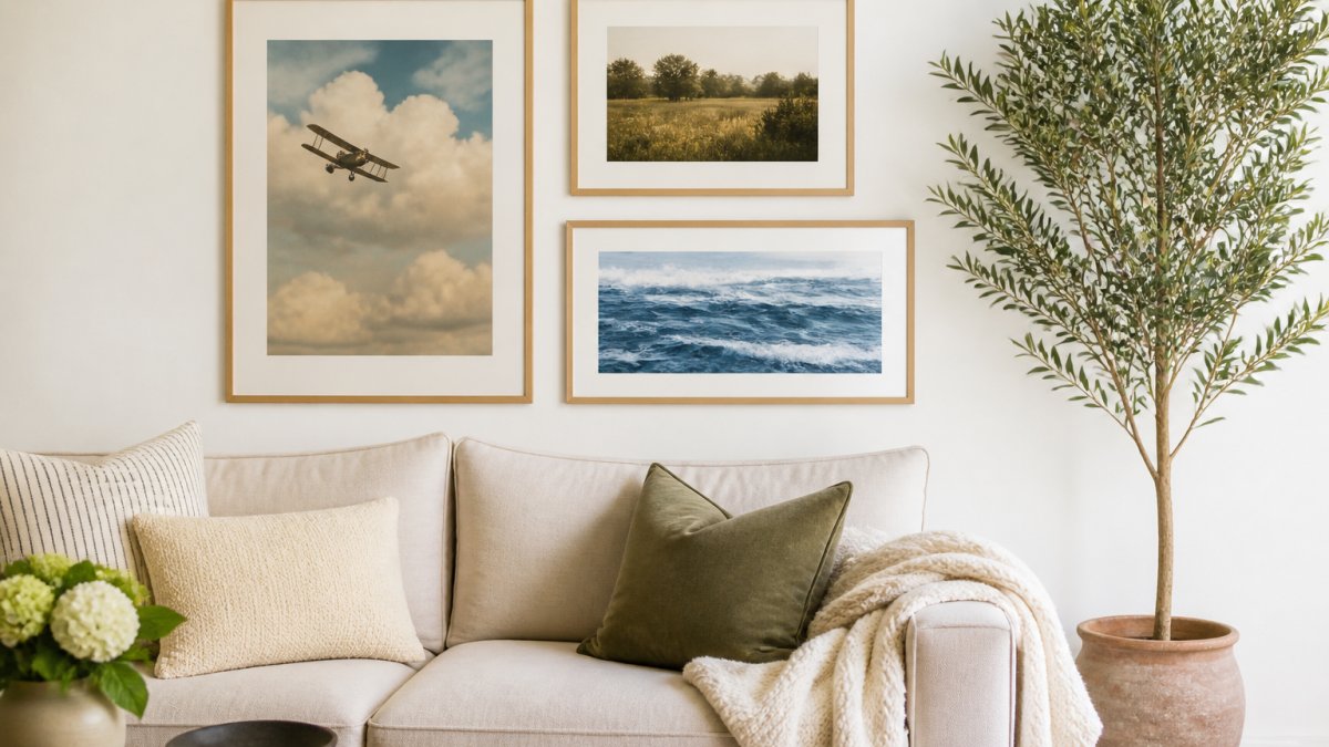 A bright living room wall with three framed art prints hung in a gallery arrangement above a neutral sofa, with a plant and throw blanket adding warmth