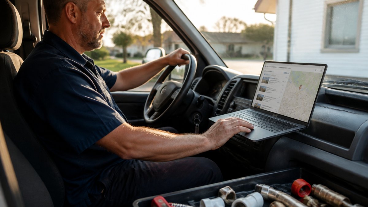 A plumber in a work uniform sitting in the driver's seat of a service van, laptop open on the dash showing local search results, late afternoon light through the windshield