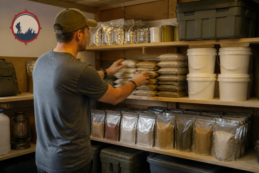 A person organizing stacked pouches and buckets of food storage kits on a pantry shelf in a garage.