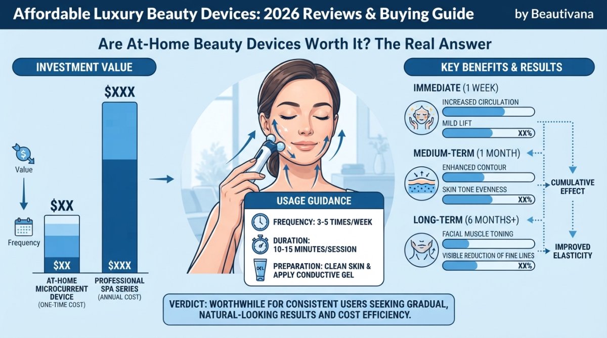 Person using a microcurrent facial device at home, positioning the wand along the jawline and cheekbones, with a focused expression in soft natural window lighting