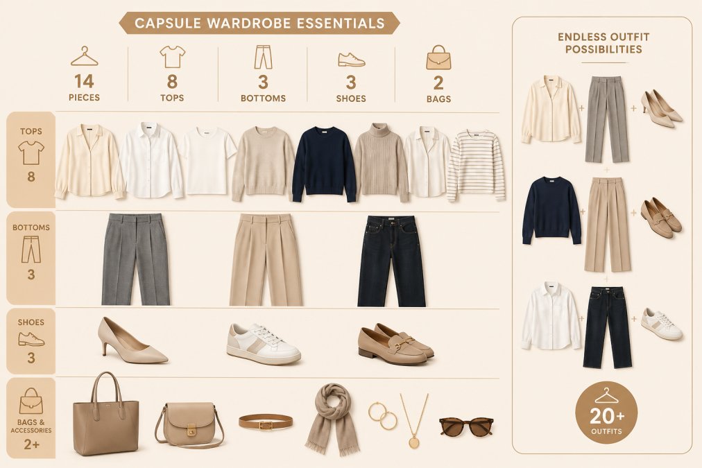 Carefully arranged collection of neutral-toned, versatile clothing pieces laid flat on a light background showing how basics coordinate together, cream blouses, navy sweaters, grey trousers, white shirts, and neutral accessories