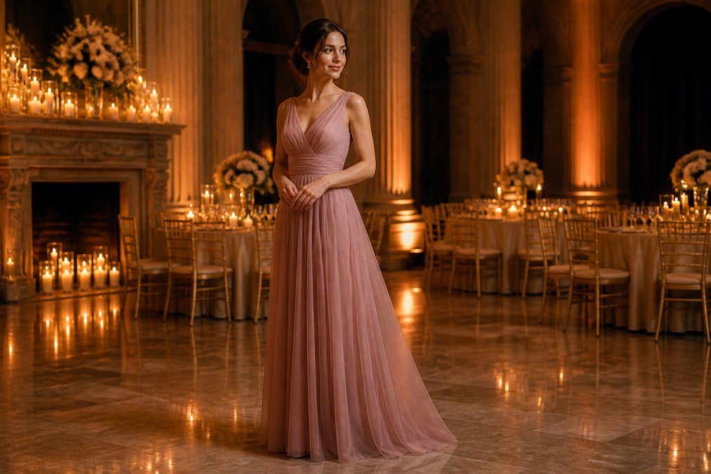 An elegantly dressed woman in a floor-length chiffon evening gown standing in a softly lit ballroom, her posture poised and relaxed, warm candlelight reflecting off the fabric's delicate drape