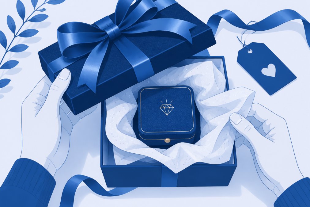 Close-up of hands carefully opening a beautifully wrapped luxury gift box with tissue paper and elegant ribbon, showing the moment of anticipation during unboxing a premium present