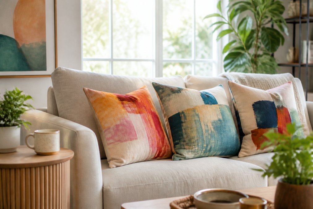A bright living room corner with a neutral sofa styled with three colorful abstract accent pillows, a coffee mug on a side table, and natural light coming through a window