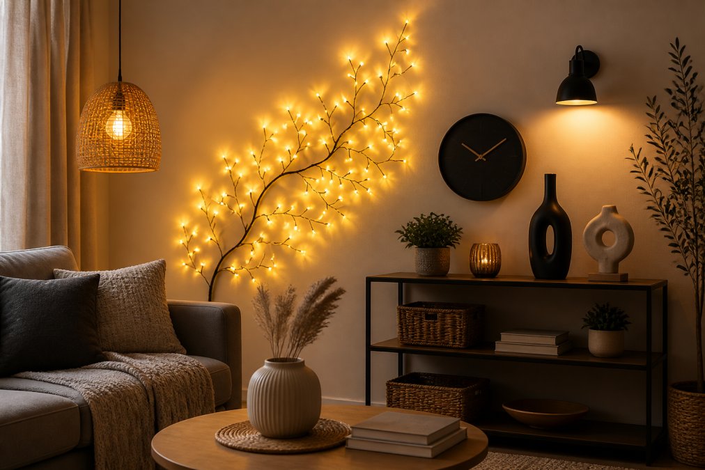 Modern living room featuring a sleek wall sconce casting warm light over minimalist shelving, with a silent wall clock, woven pendant accents, and carefully arranged decorative sculptures and textiles creating visual depth