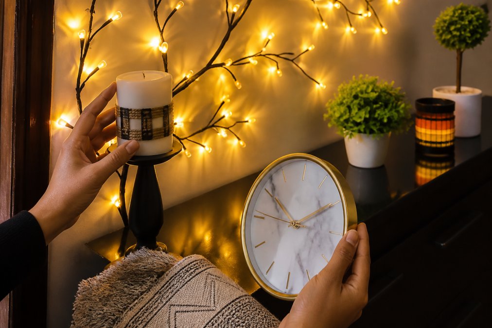Close-up of hands examining fine details of a modern wall sconce's aluminum frame and acrylic shade, a marble-textured wall clock's tempered glass face, and textile weave patterns on decorative accents, showing craftsmanship evaluation