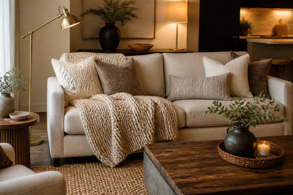 Living room featuring a neutral-toned sofa layered with a chunky knit throw blanket, multiple textured pillows in cream and taupe, and a woven jute rug creating depth with warm amber lighting from a brass floor lamp