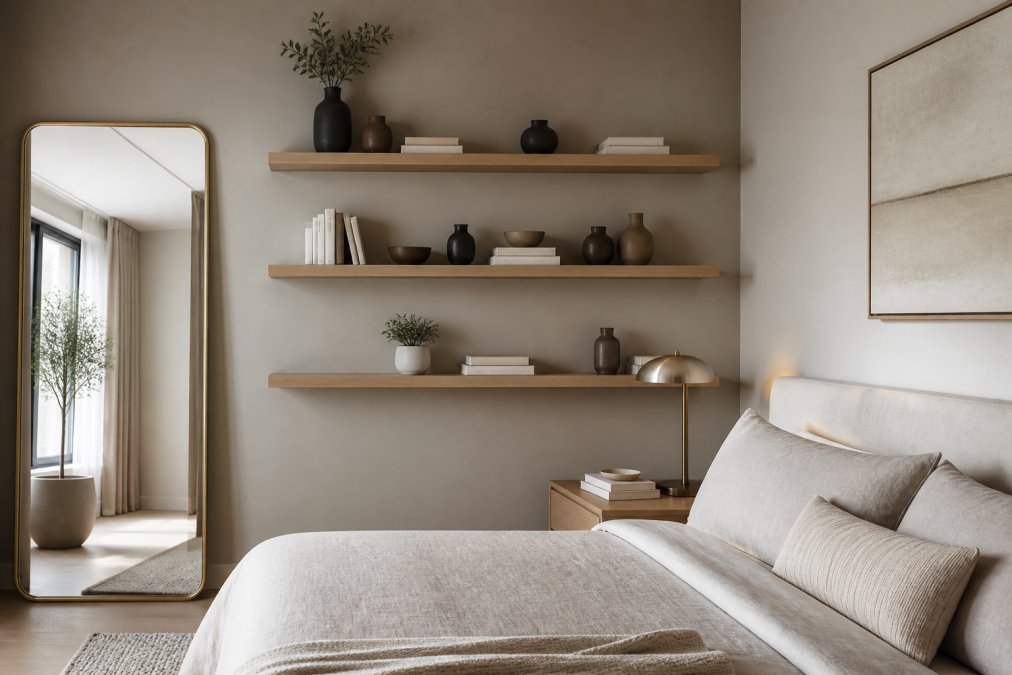 Minimalist bedroom with soft taupe accent wall, floating wooden shelves displaying carefully curated books and ceramic objects with intentional spacing, a large mirror reflecting natural window light, and a neutral-toned bedframe creating a serene, sophisticated aesthetic