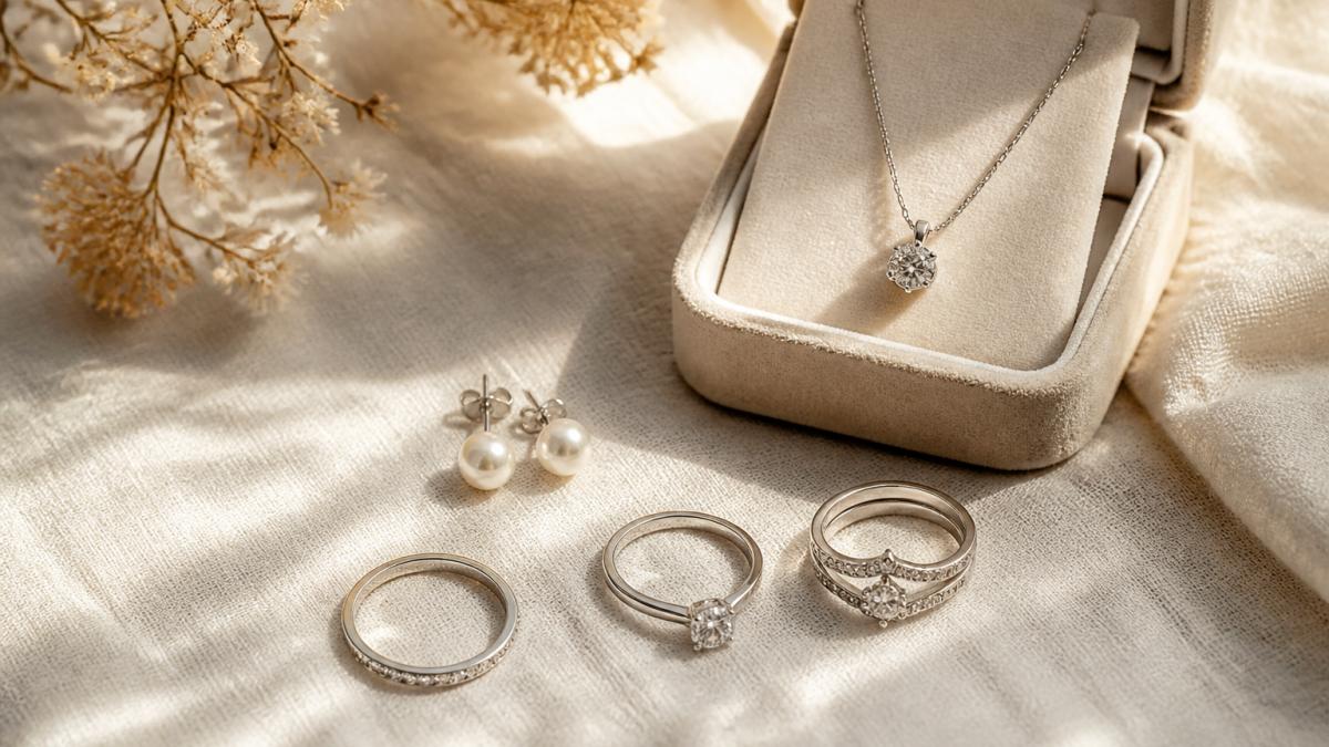 Flat lay of sterling silver rings, pearl stud earrings, and a moissanite pendant necklace arranged on soft cream linen with dried flowers and an open jewelry box, warm window light