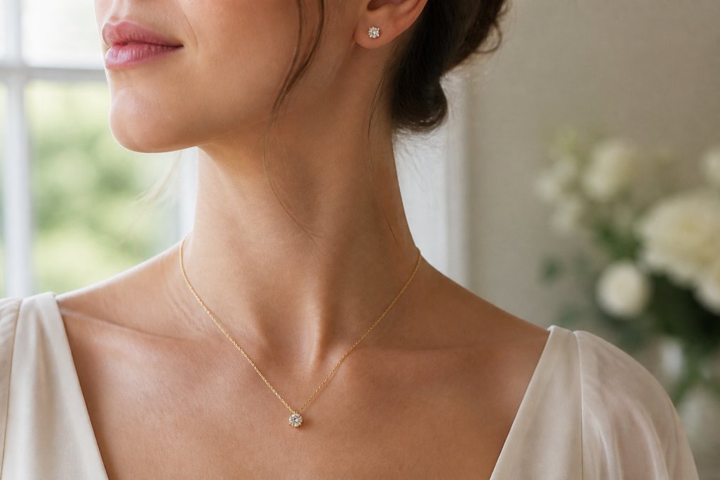 Close-up of a woman's neck and earlobe wearing a delicate 14K gold pendant necklace and small diamond stud earrings, soft natural window light, blurred elegant background, jewelry as the sharp focal point