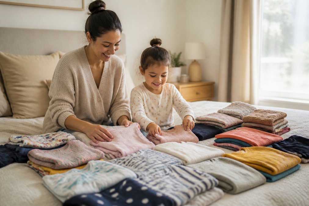 A parent and young child folding colorful kids' clothing together on a bed, soft natural light through a window, showing quality fabrics and playful prints
