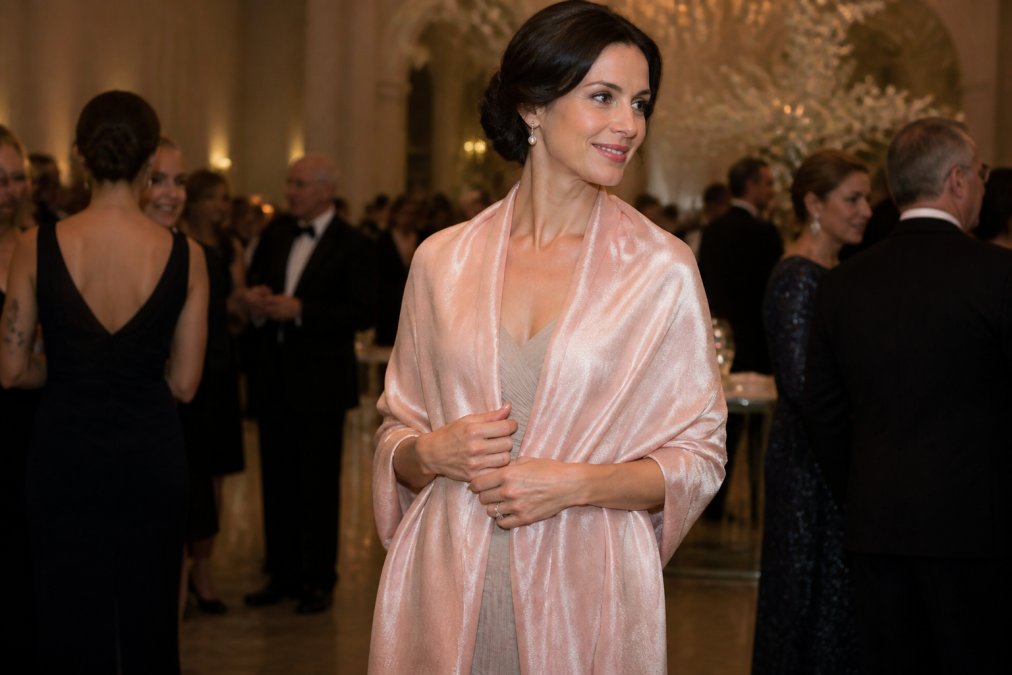 Woman wearing a draped cashmere silk shawl in soft pink over an elegant evening dress at a formal event, with soft indoor lighting highlighting the fabric's luminous sheen