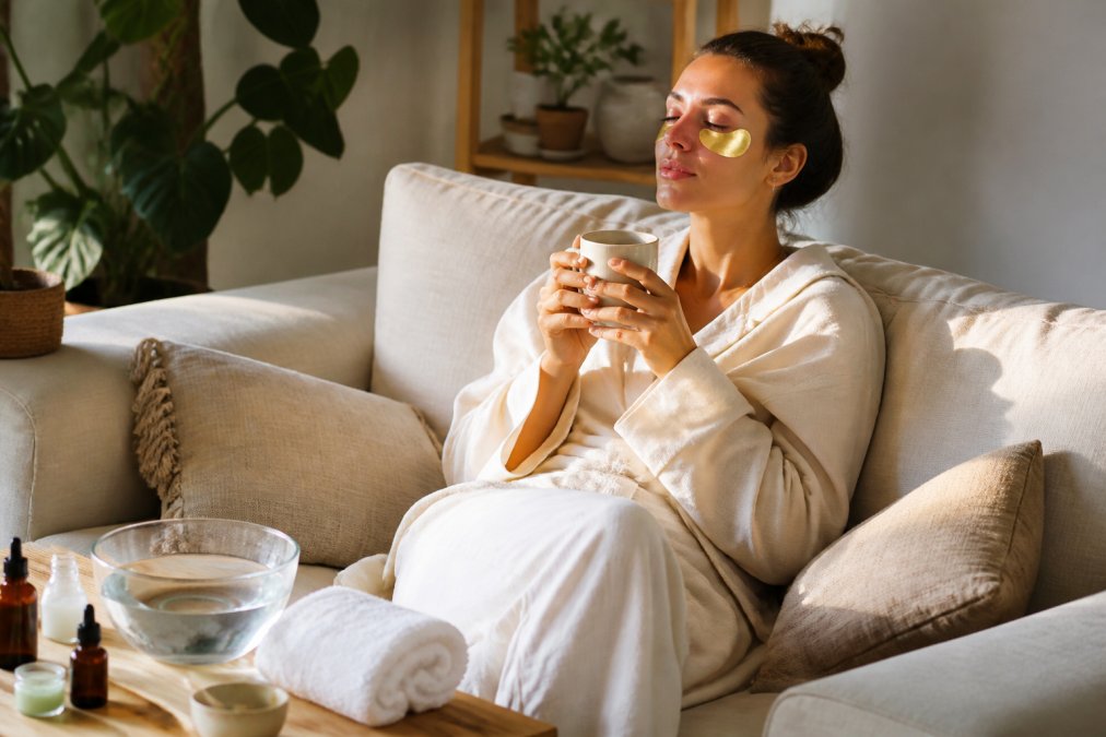 A woman relaxing on a couch with gold under-eye masks on, a bowl of water and a folded towel nearby, warm natural light filling a cozy living room