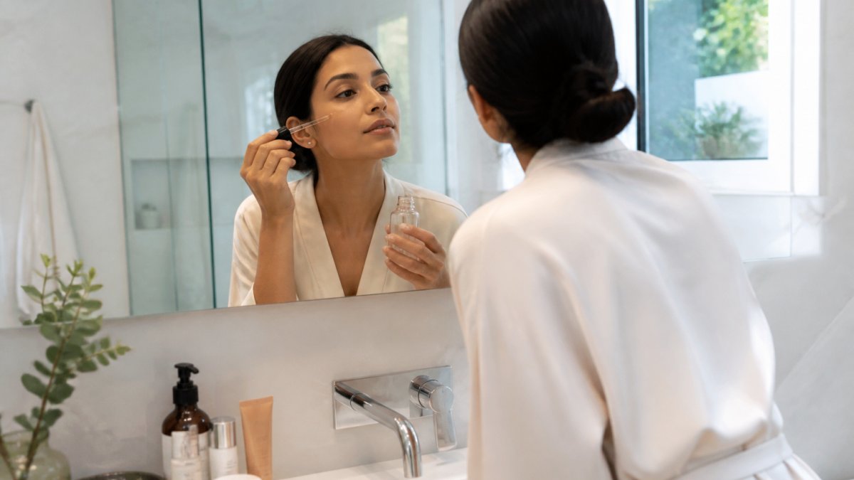Professional woman at modern bathroom sink in soft morning light, applying lightweight serum to face with focused, calm expression, demonstrating simplified skincare routine