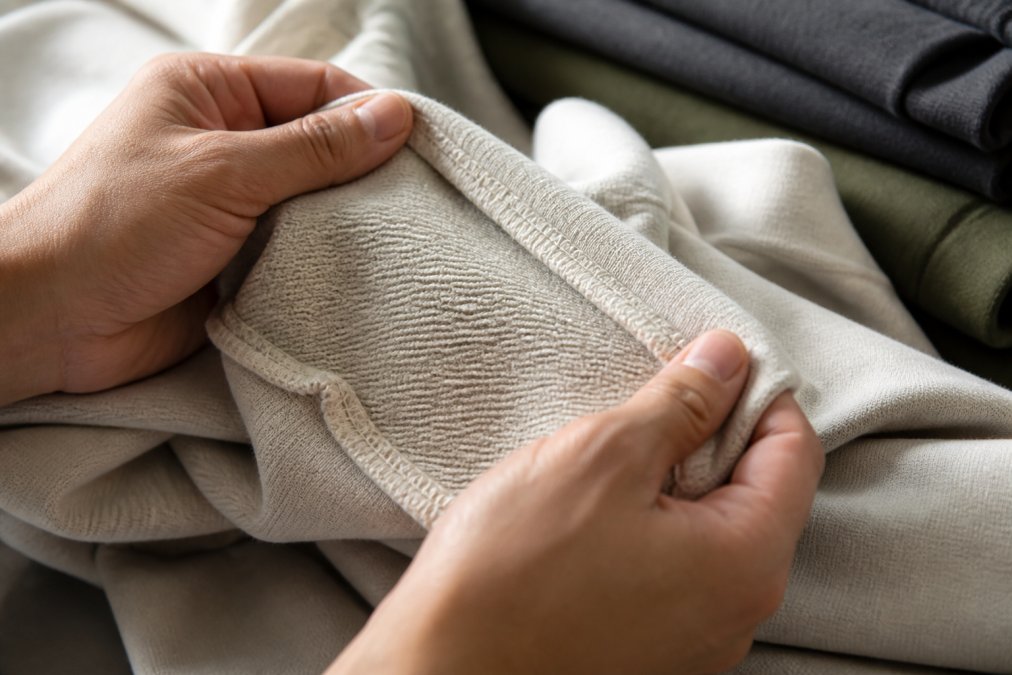 Close-up of hands examining premium heavyweight cotton fabric texture and raw seam detailing on a streetwear garment, showing the weave structure and precise stitching quality in natural daylight