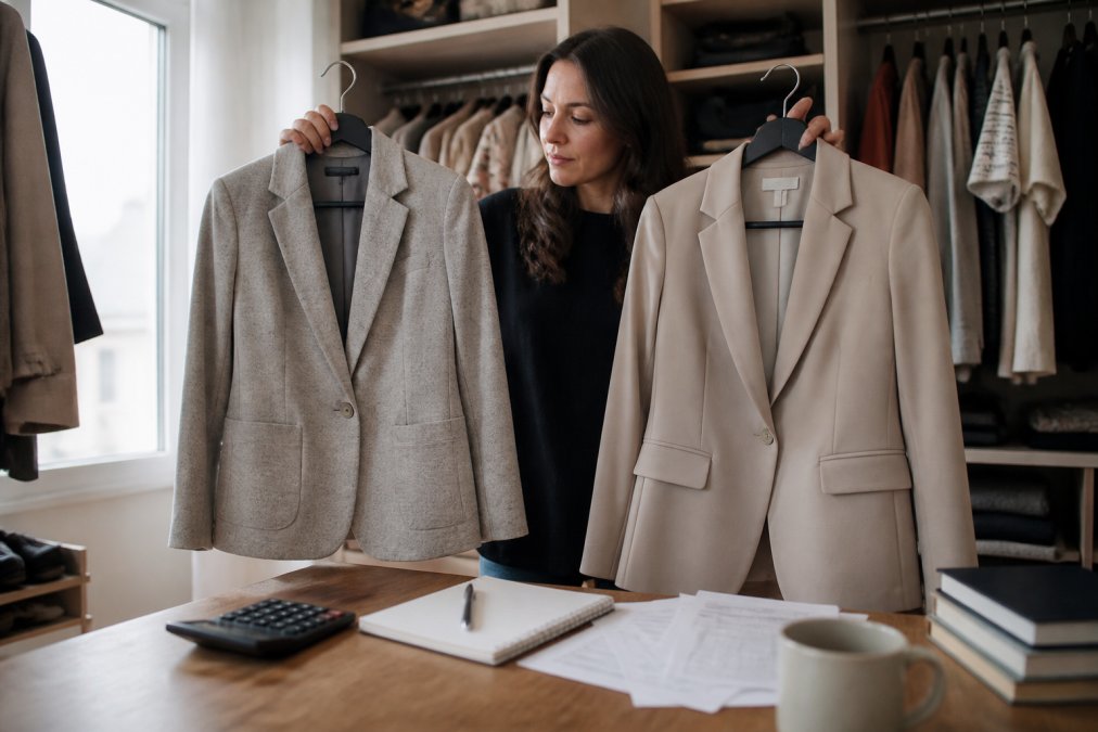 A woman in her 30s standing in a walk-in closet, holding two similar blazers, one visibly worn and pilled, the other crisp and well-made, natural light from a window