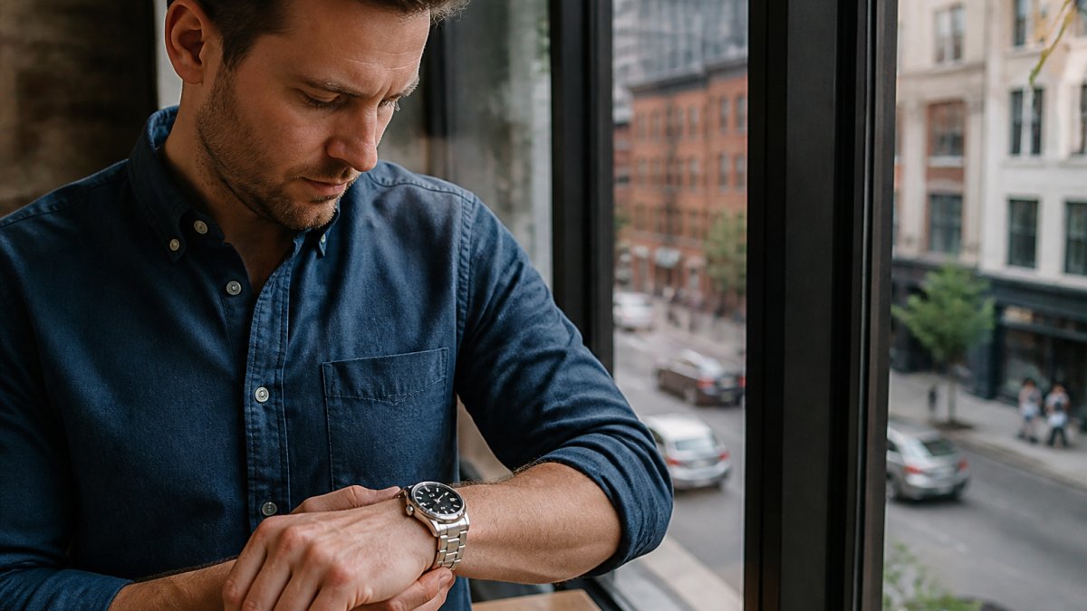 A man in a casual button-down shirt adjusting a stainless steel automatic wristwatch on his wrist, natural window light, blurred city street in the background