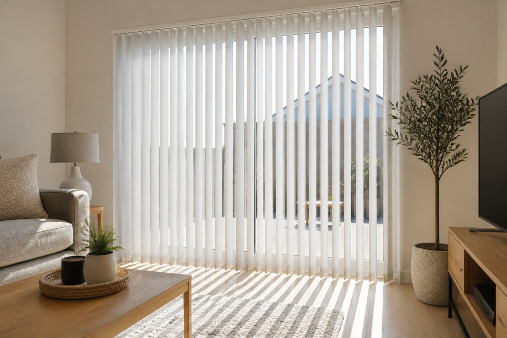 A bright, modern living room with white vertical blinds covering a large patio door, soft natural light filtering through the louvres casting gentle shadows on a pale wooden floor