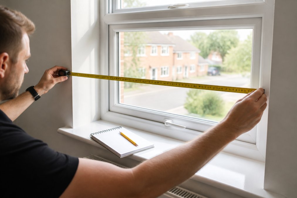 A person using a steel tape measure to measure the width of a window recess, with a notepad and pencil resting on the white-painted windowsill nearby, natural daylight coming through the glass