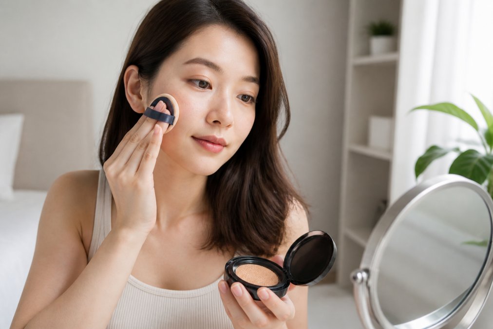 Woman applying cushion foundation with a puff for a smooth, semi-matte skin finish in natural light