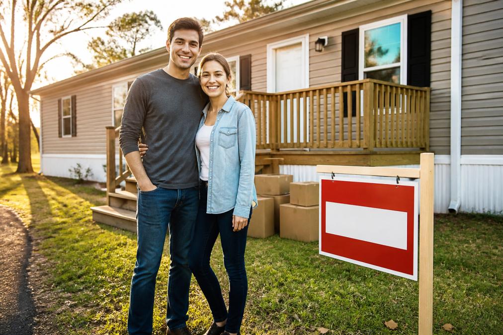Young couple standing by their new affordable manufactured home with a sold sign and moving boxes.