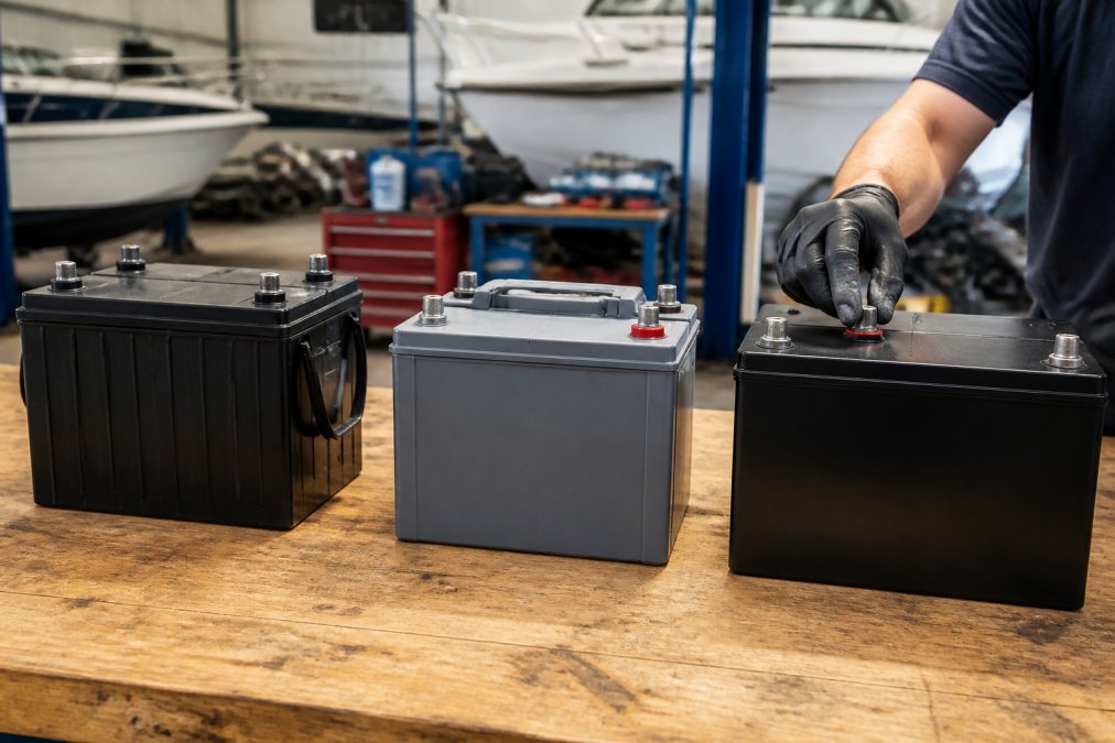 A side-by-side view of three different marine batteries (flooded, AGM, and lithium) arranged on a wooden workbench in a boat shop, with a mechanic's gloved hand adjusting a terminal clamp on one unit under bright overhead work lights