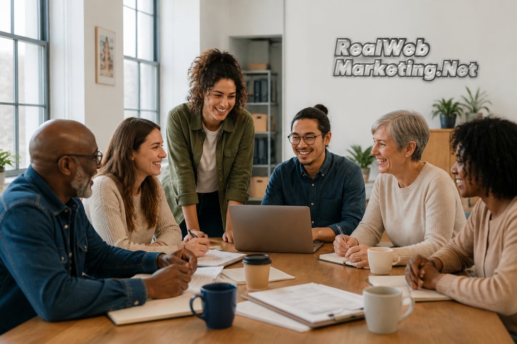 A diverse group of nonprofit staff gathered around a table with laptops and notebooks, smiling and collaborating on a marketing plan in a bright community office