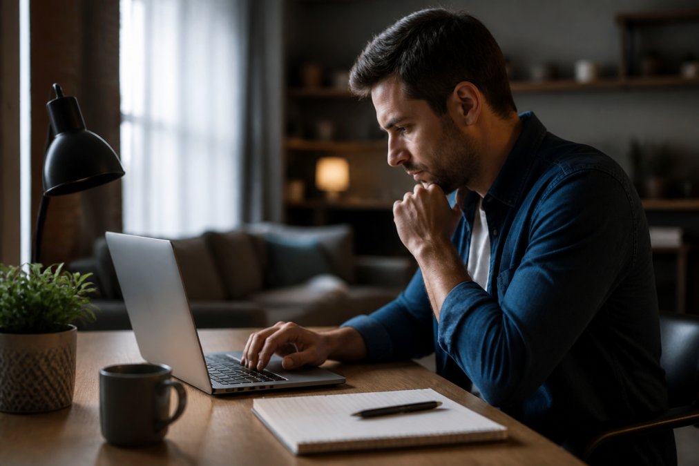 A solo entrepreneur working on a laptop at a tidy home desk, comparing software options on screen with a notebook and coffee nearby