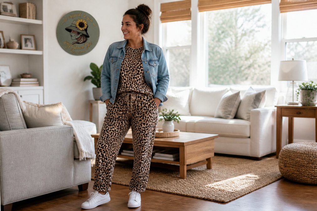 Petite woman confidently wearing a coordinated matching leopard lounge set styled with white sneakers and a denim jacket in a bright, casual home setting with natural sunlight