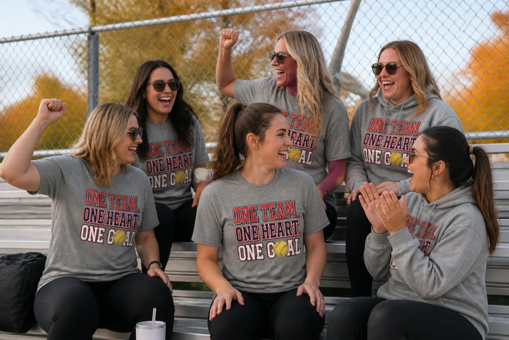 Group of women wearing matching custom sports team t-shirts and hoodies in coordinated team colors, cheering and standing together in stadium bleachers with fall foliage visible in background