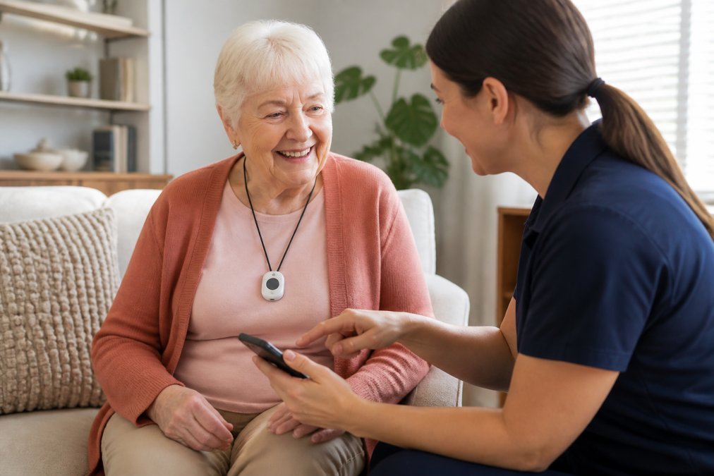 Elderly woman wearing a pendant from an affordable medical alert system smiles while talking to her caregiver.