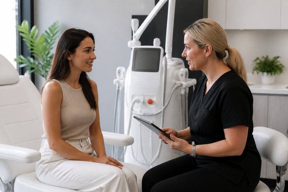 A clinician in a modern Australian aesthetic clinic consulting with a patient while a multi-modality laser platform is visible in the background