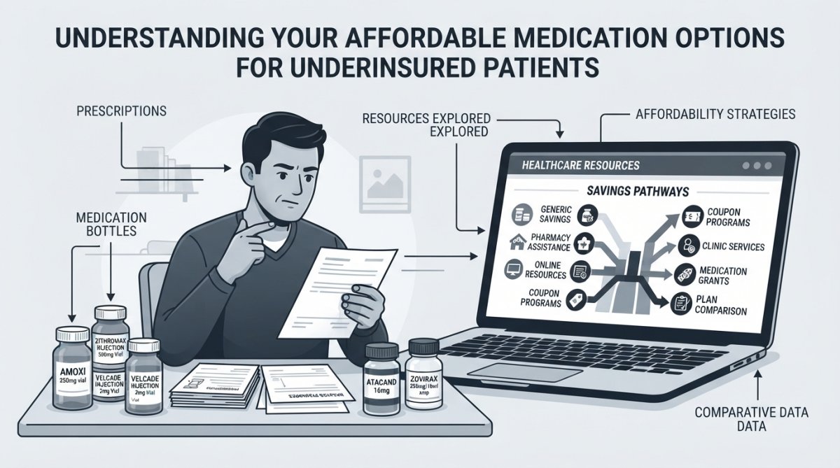 Underinsured patient reviewing prescription medications and paperwork at home while researching healthcare resources on laptop with organized medication bottles on table