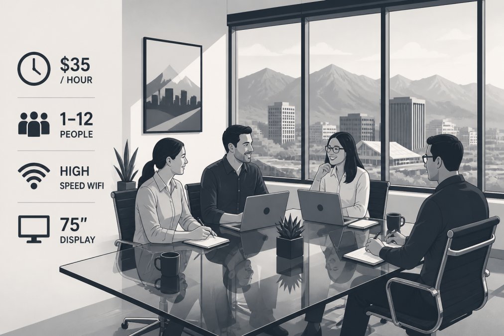 Professional team of four people in business casual attire gathered around a glass conference table with laptops and notepads, natural light streaming through floor-to-ceiling windows overlooking downtown Colorado Springs