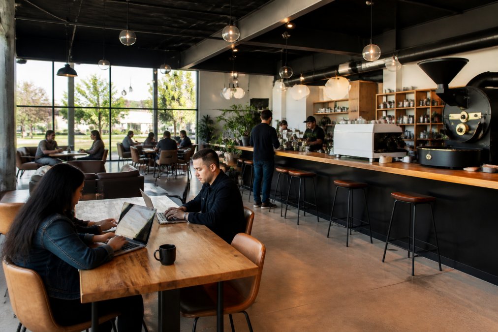 Warm, modern coffee shop interior with comfortable seating areas, natural light from large windows, people working on laptops at wooden tables, and a bustling counter area with in-house roasted coffee equipment visible